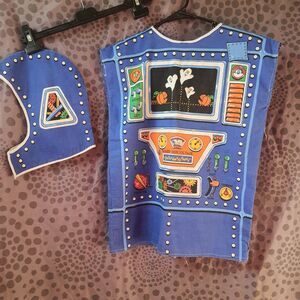 Vtg 80s Cut-N-Sew Robot Kid Halloween Costume + Hood Glow-In-The-Dark Sewn Smock